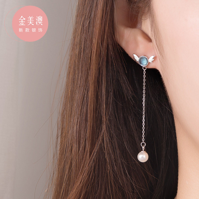 新款高级设计感纯银天使之翼耳环翅膀耳线女气质长款人造珍珠耳饰