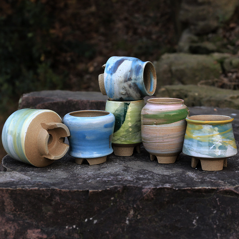 景德镇手绘泼墨彩釉盆 上釉封色花盆透气陶瓷盆 多肉植物种植花盆