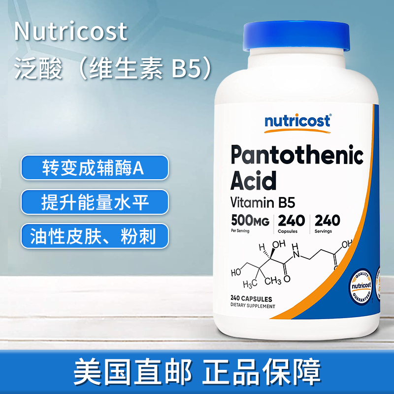 美国原装 Nutricost Acid泛酸维生素B5胶囊500mg/240粒痘痘粉刺