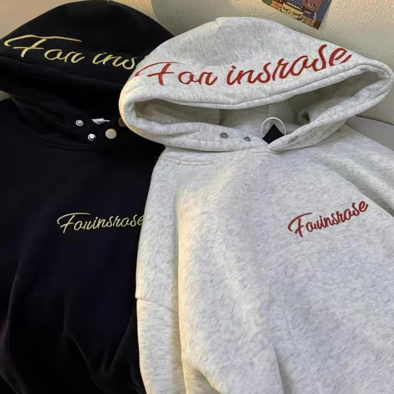 美式重磅刺绣字母连帽卫衣男女秋冬今年新款加绒加厚宽松情侣外套