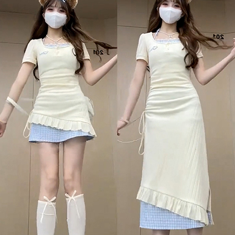 短袖连衣裙女夏季新款韩版高腰显瘦荷叶边设计感抽绳皱褶修身长裙