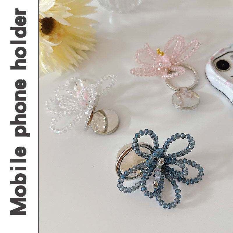 韩系ins风小众简约水晶花朵串珠吊坠手机支架时尚挂链指环扣挂饰