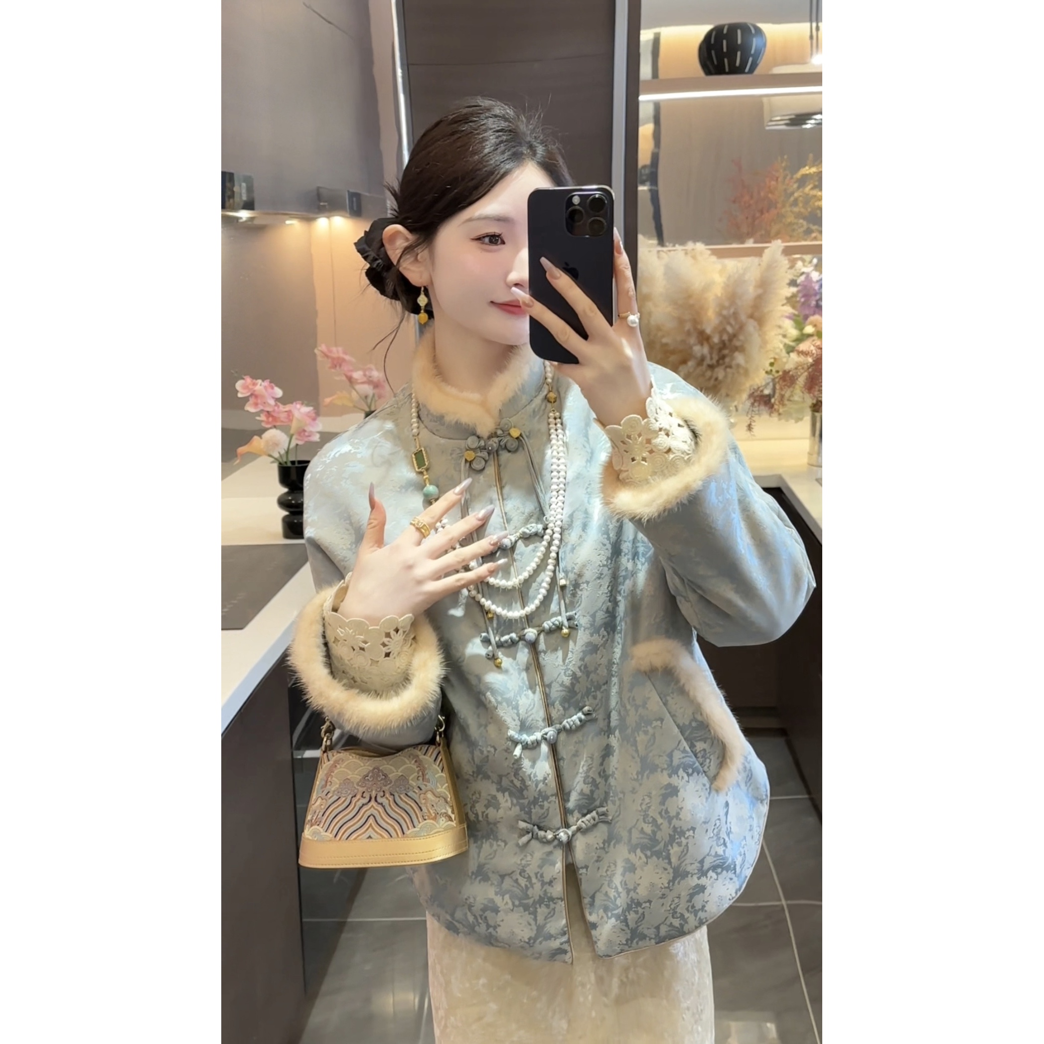 【周粥】【蓝盈】新款水貂毛提花盘加绒保暖扣外套预JJD5WT6950