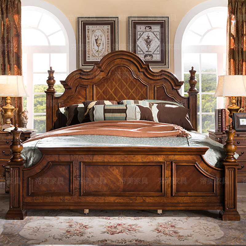 美式实木双人床户型别墅婚床复古雕花柱子床欧式卧室高档仿古大床