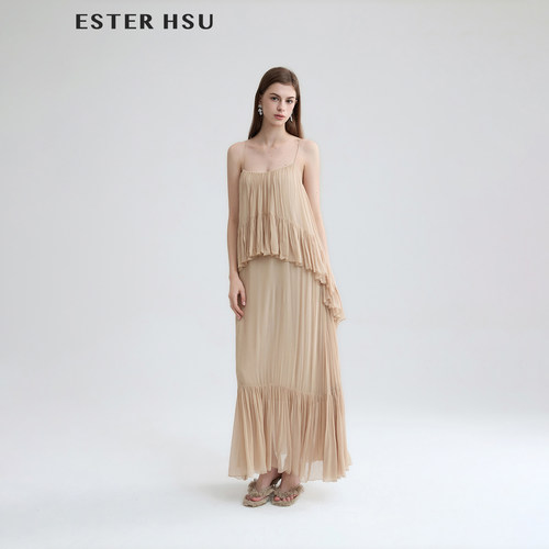 ESTER HSU 26SS 春夏新品 人丝顺纡绉吊带长连衣裙法式气质温柔风