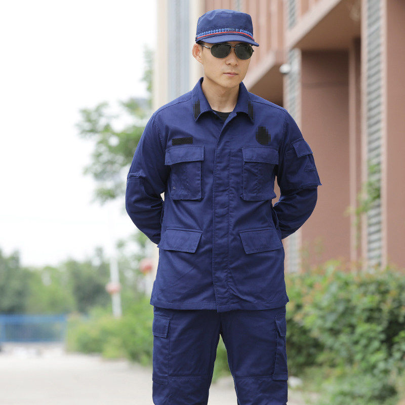 蓝色迷彩服套装男夏季户外长袖耐磨工作服宽松多口袋秋冬训练服装