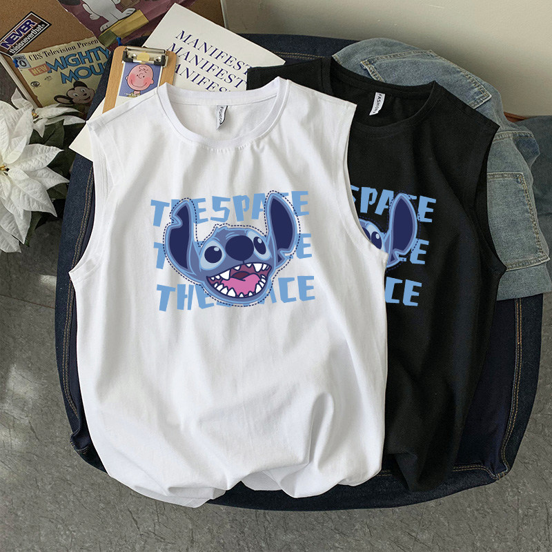 史迪仔卡通潮流跨栏背心男美式潮流纯棉男士无袖t恤