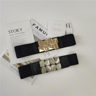 宽腰带女装 饰腰封配裙子金属卡扣复古松紧弹力皮带百搭束腰黑色