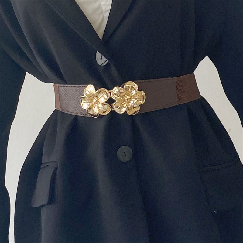 金色花朵宽腰带女装饰腰封配裙子针扣松紧弹力窄皮带百搭束腰黑色
