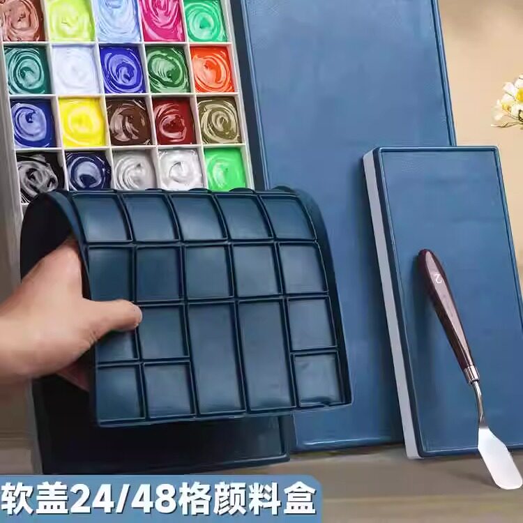 软盖颜料盒调色盒水粉水彩画便携保湿密封带盖丙烯油画颜料盒12/24/36/48/64格橡胶盖调色格颜料盒水粉盒