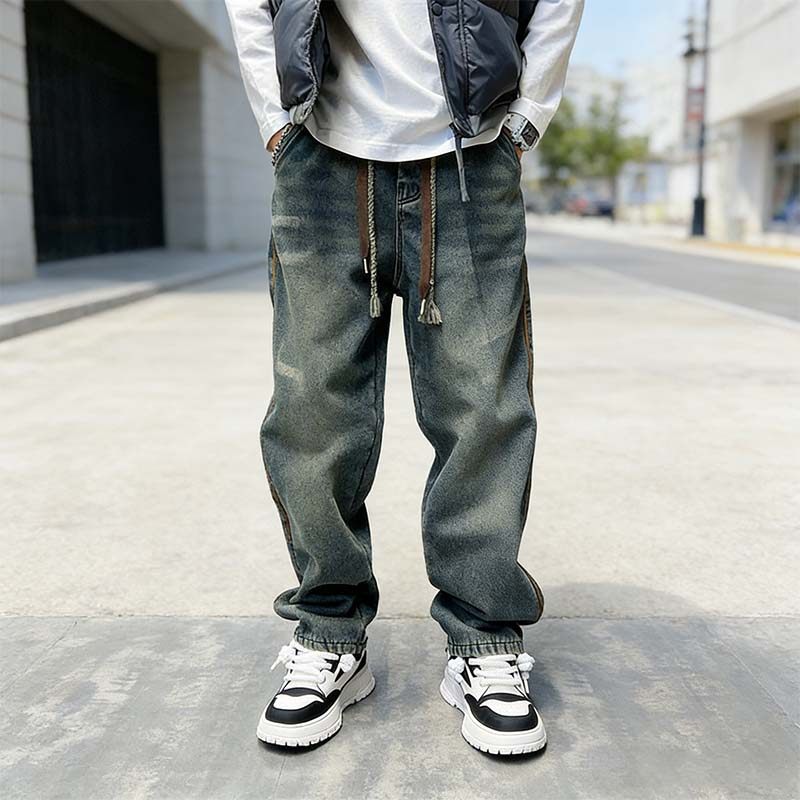 2025秋冬新款加绒男休闲宽松做旧拼接阔腿裤水洗直筒复古蓝牛仔裤