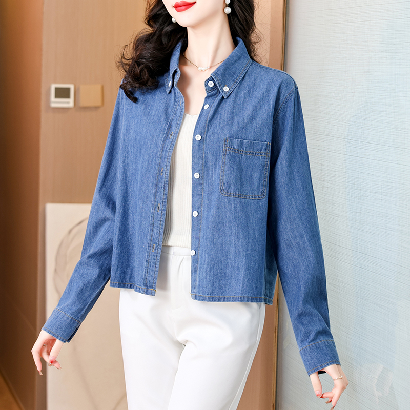 妈妈装短款牛仔衬衫外套休闲衬衫