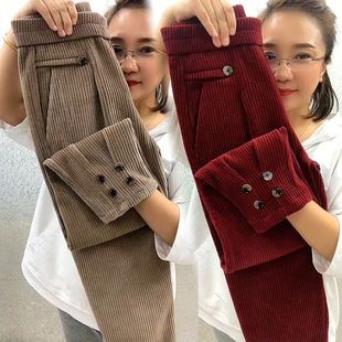 女高腰显瘦束脚灯芯绒裤 秋冬加绒加厚新款 雪尼尔马丁裤 女装 女 大码