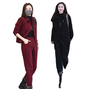 加绒加厚灯芯绒休闲套装女2023冬季新款洋气开衫外套时尚两件套潮