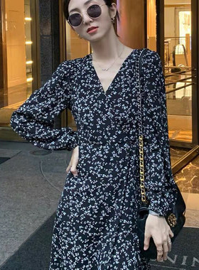 韩国碎花连衣裙女长袖2022春季新E款法式时尚气质收腰显瘦雪纺长