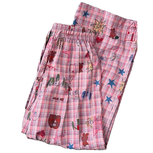 美式涂鸦薄款格子裤女夏季新款高腰宽松直筒印花休闲拖地阔腿裤潮