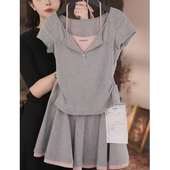 裙两件套 韩版 新款 假两件撞色v领正肩短袖 设计感独特短裤 T恤女夏季