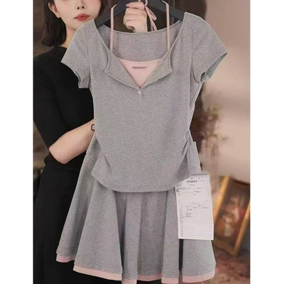 假两件撞色T恤短裤裙套装女