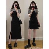 法式 假两件短袖 连衣裙女夏季 大码 时尚 气质小黑裙胖MM遮肚显瘦裙子