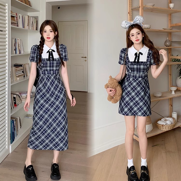 大码学院风格子polo连衣裙女