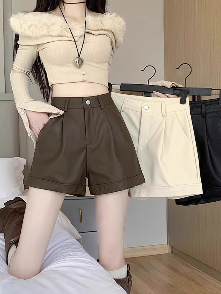 PU皮短裤女2023秋冬季新款高腰显瘦外穿宽松阔腿a字休闲打底靴裤