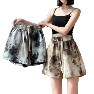 冰丝速干短裤女夏季新中式国风水墨印花阔腿热裤宽松直筒三分裤潮