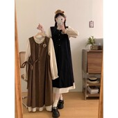 大码 复古灯芯绒连衣裙女秋季 赫本风背心裙胖MM遮肚显瘦裙子两件套