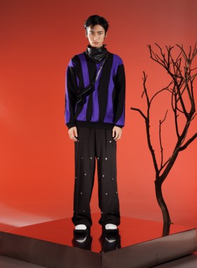 [TESHOP]竖条纹圆领紫色针织保暖套头男女宽松毛衣冬季曾涵江同款