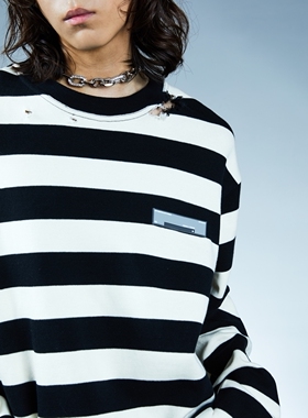 [TESHOP] SFTTR圆领破坏黑白粗条纹慵懒风长袖T恤廓形男女薄卫衣