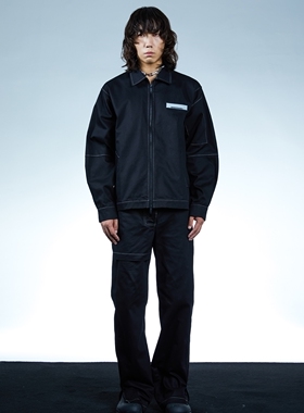 [TESHOP] SFTTR薄款明线解构立体裁剪廓形黑/橙工装翻领夹克外套