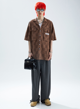 TE线上 SFTTR面积破坏格纹拼接不规则毛边解构廓形男女不锁边衬衫