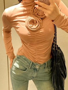 法式小众设计立体玫瑰皱褶弹力修身高领长袖T恤打底衫显瘦上衣女