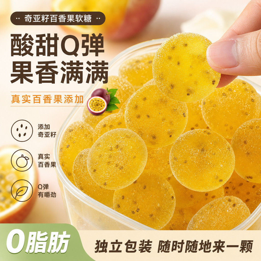 富含维生素c奇亚籽水果软糖猕猴桃百香果味凝胶糖果酸甜童年零食