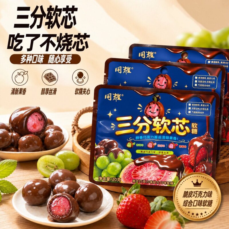 新品三分软芯软糖同耀综合口味巧克力脆皮糖果果香浓郁小卖部零食