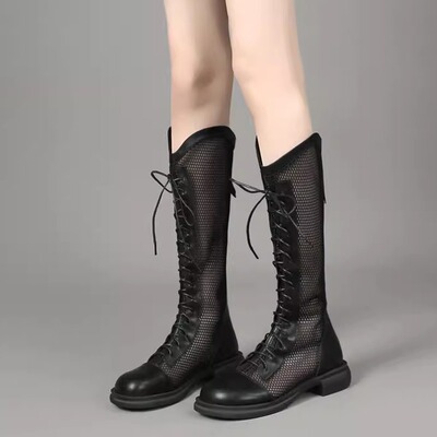 欧货镂空长筒靴女2025新款平底不过靴女夏季薄款高筒靴网靴大码42