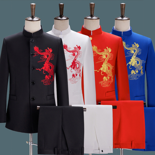 刺绣立领中山装演出服男青年红歌大合唱舞台礼服中老年乐队表演服