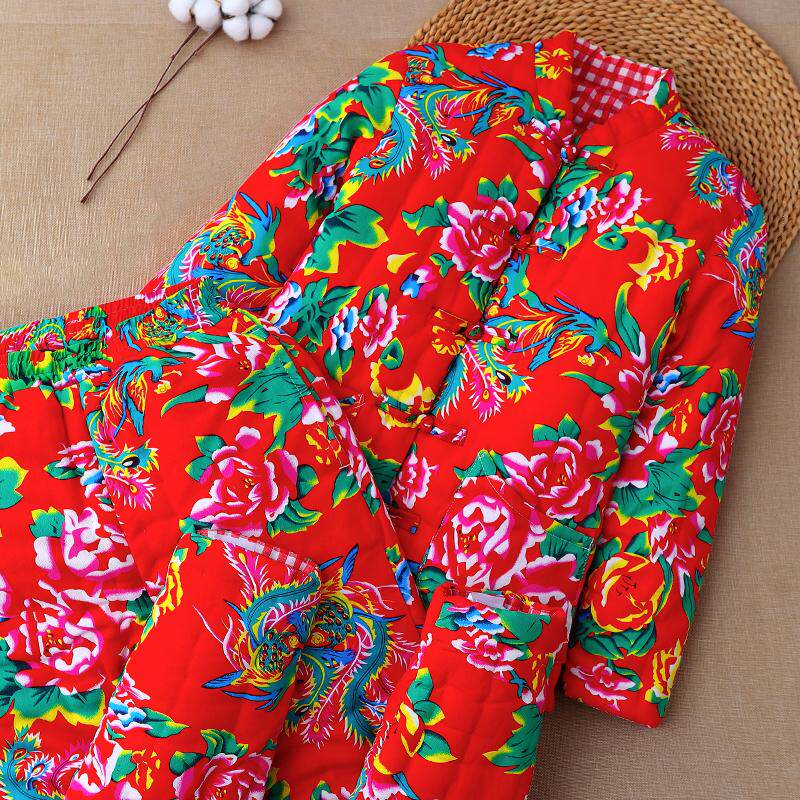 东北大花布纯手工棉花棉衣套装男女士冬季居家高腰深档加厚棉服