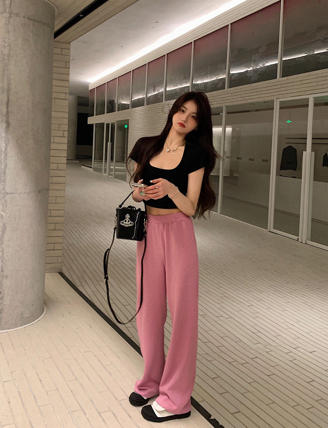 xm定制慵懒风垂感直筒阔腿裤粉色休闲运动裤子女长裤拖地卫裤高级