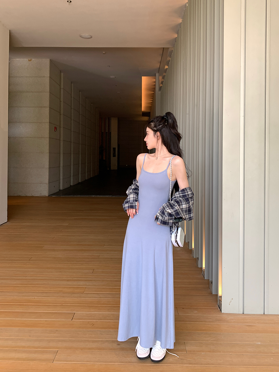 alex stevens baby蓝吊带连衣裙女夏季性感长裙度假风裙子