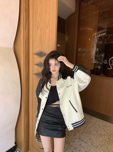 ins超火宽松休闲夹克上衣 撞色字母棒球服外套女春季 xm定制 美式