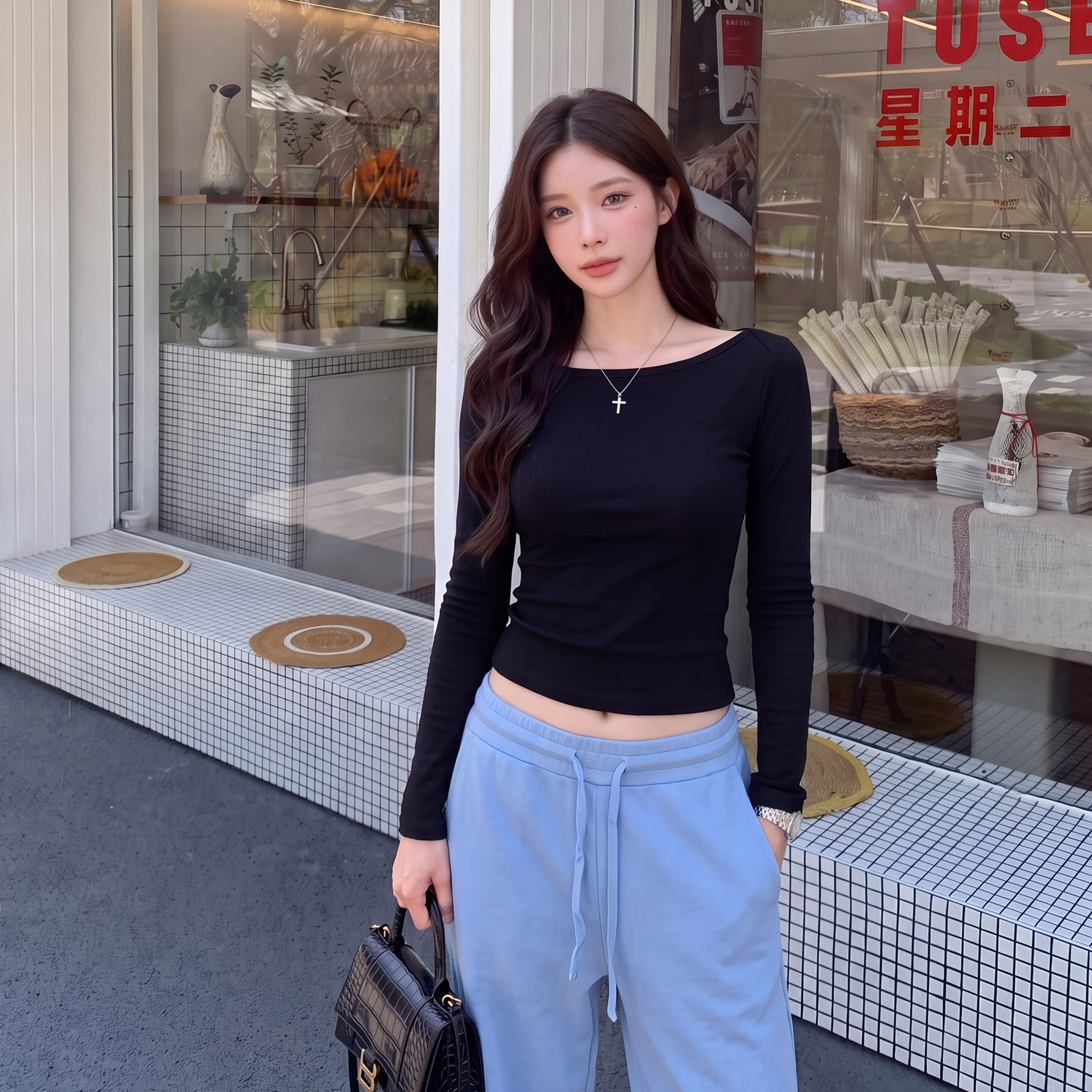 alex stevens纯色一字领长袖T恤女春秋季黑色修身显瘦打底衫上衣