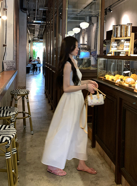 alex stevens 大摆吊带长裙U领连衣裙女夏季修身显瘦裙子白色法式