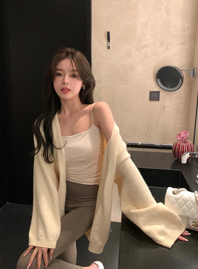 白色慵懒风宽松针织开衫外套女春秋季韩版长袖中长款毛衣上衣