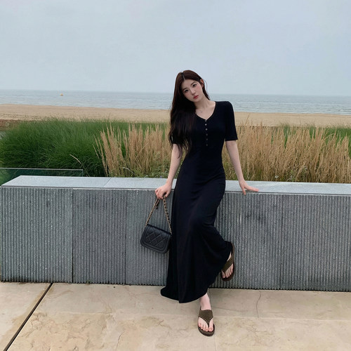 alex sevents 法式优雅气质V领连衣裙女夏季修身显瘦短袖长裙子