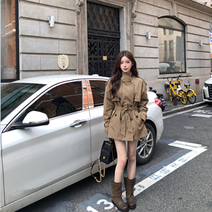 alex stevens英伦风立领短款风衣外套女秋季卡其色双排扣收腰上衣
