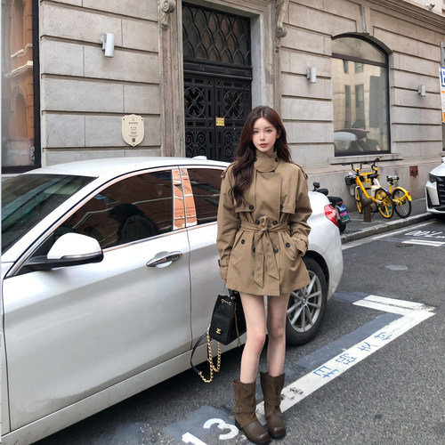 alex stevens英伦风立领短款风衣女卡其色双排扣收腰外套显瘦气质