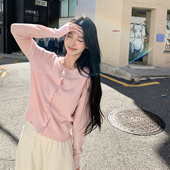 stevens 长袖 巨好看 alex 早秋上衣粉色圆领针织开衫 女修身 短款