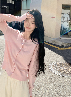 alex stevens 巨好看的早秋上衣粉色圆领针织开衫女修身长袖短款