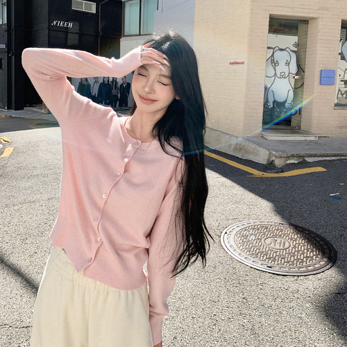 alex stevens巨好看早春羊毛上衣粉色圆领针织开衫女修身长袖短款