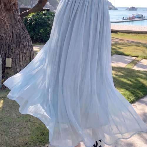 alex stevens慵懒风光泽感半身裙女夏季高腰显瘦压褶大摆裙伞裙子